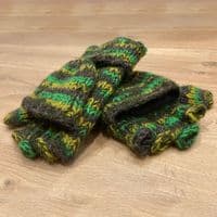 Knitted Fingerless Glove with Mitten Flap in Greens